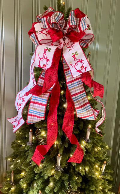 The Joy Red Blue & White Christmas Tree Topper Bow