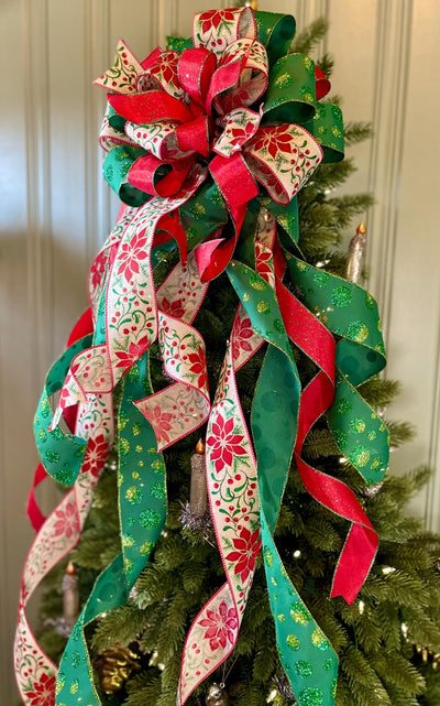 The Nicolette Red & Green Christmas Tree Topper Bow, cottage bow, modern farmhouse, long streamer, Xmas bow, Poinsettia tree trimming bow