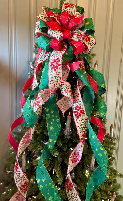 The Nicolette Red & Green Christmas Tree Topper Bow, cottage bow, modern farmhouse, long streamer, Xmas bow, Poinsettia tree trimming bow