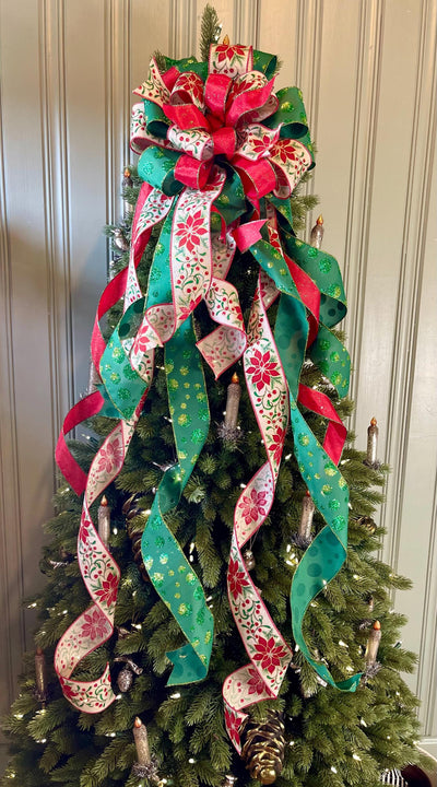 The Nicolette Red & Green Christmas Tree Topper Bow, cottage bow, modern farmhouse, long streamer, Xmas bow, Poinsettia tree trimming bow