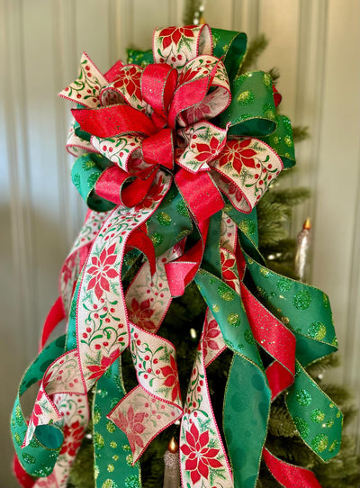 The Nicolette Red & Green Christmas Tree Topper Bow, cottage bow, modern farmhouse, long streamer, Xmas bow, Poinsettia tree trimming bow