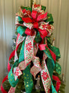 The Nicolette Red & Green Christmas Tree Topper Bow, cottage bow, modern farmhouse, long streamer, Xmas bow, Poinsettia tree trimming bow