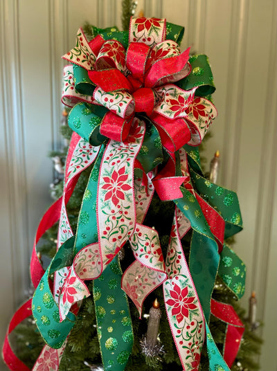 The Nicolette Red & Green Christmas Tree Topper Bow, cottage bow, modern farmhouse, long streamer, Xmas bow, Poinsettia tree trimming bow