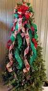 The Nicolette Red & Green Christmas Tree Topper Bow, cottage bow, modern farmhouse, long streamer, Xmas bow, Poinsettia tree trimming bow