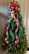 The Nicolette Red & Green Christmas Tree Topper Bow, cottage bow, modern farmhouse, long streamer, Xmas bow, Poinsettia tree trimming bow