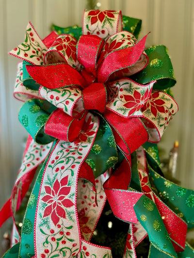 The Nicolette Red & Green Christmas Tree Topper Bow, cottage bow, modern farmhouse, long streamer, Xmas bow, Poinsettia tree trimming bow