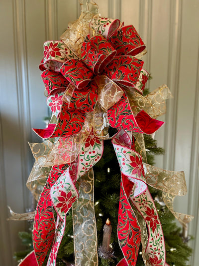 The Lila Red Green & Gold Christmas Tree Topper Bow, Bow for Christmas tree, bow for wreaths, long streamer bow, cottage style bow