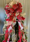 The Lila Red Green & Gold Christmas Tree Topper Bow, Bow for Christmas tree, bow for wreaths, long streamer bow, cottage style bow