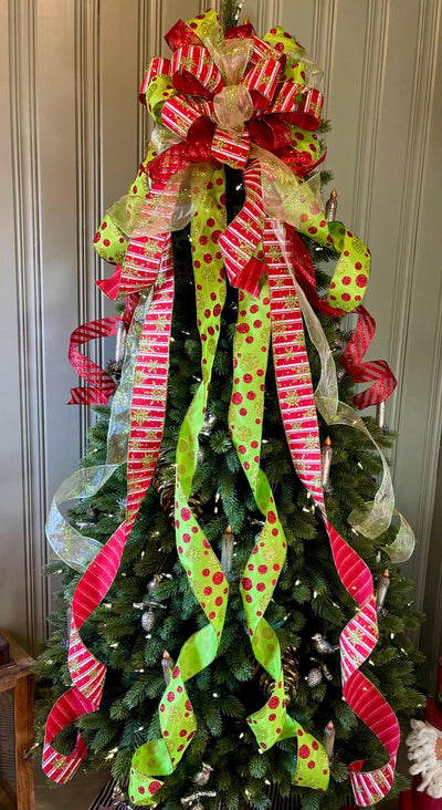 The Aggie Red & Lime Green Whimsical Christmas Tree Topper Bow, bow for wreath, long streamer bow, Grinch bow, tree trimming