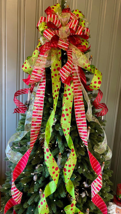 The Aggie Red & Lime Green Whimsical Christmas Tree Topper Bow, bow for wreath, long streamer bow, Grinch bow, tree trimming