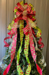 The Aggie Red & Lime Green Whimsical Christmas Tree Topper Bow, bow for wreath, long streamer bow, Grinch bow, tree trimming