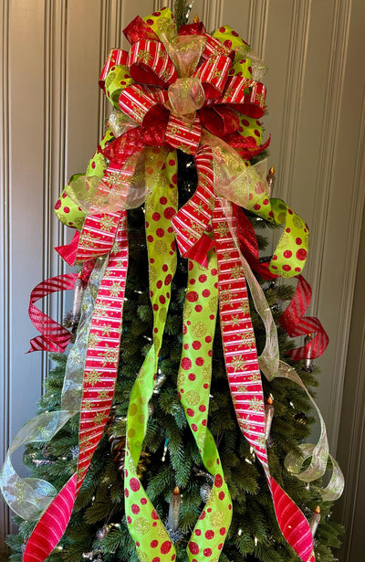 The Aggie Red & Lime Green Whimsical Christmas Tree Topper Bow, bow for wreath, long streamer bow, Grinch bow, tree trimming