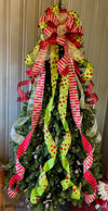 The Aggie Red & Lime Green Whimsical Christmas Tree Topper Bow, bow for wreath, long streamer bow, Grinch bow, tree trimming