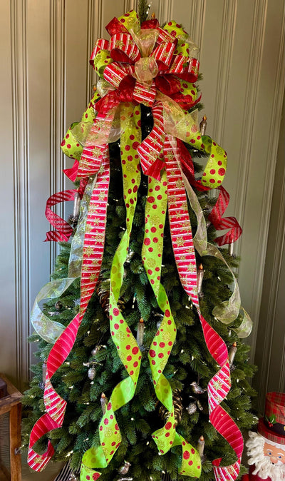 The Aggie Red & Lime Green Whimsical Christmas Tree Topper Bow, bow for wreath, long streamer bow, Grinch bow, tree trimming