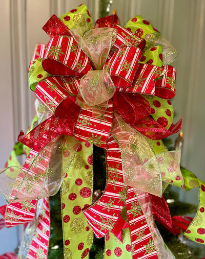 The Aggie Red & Lime Green Whimsical Christmas Tree Topper Bow, bow for wreath, long streamer bow, Grinch bow, tree trimming