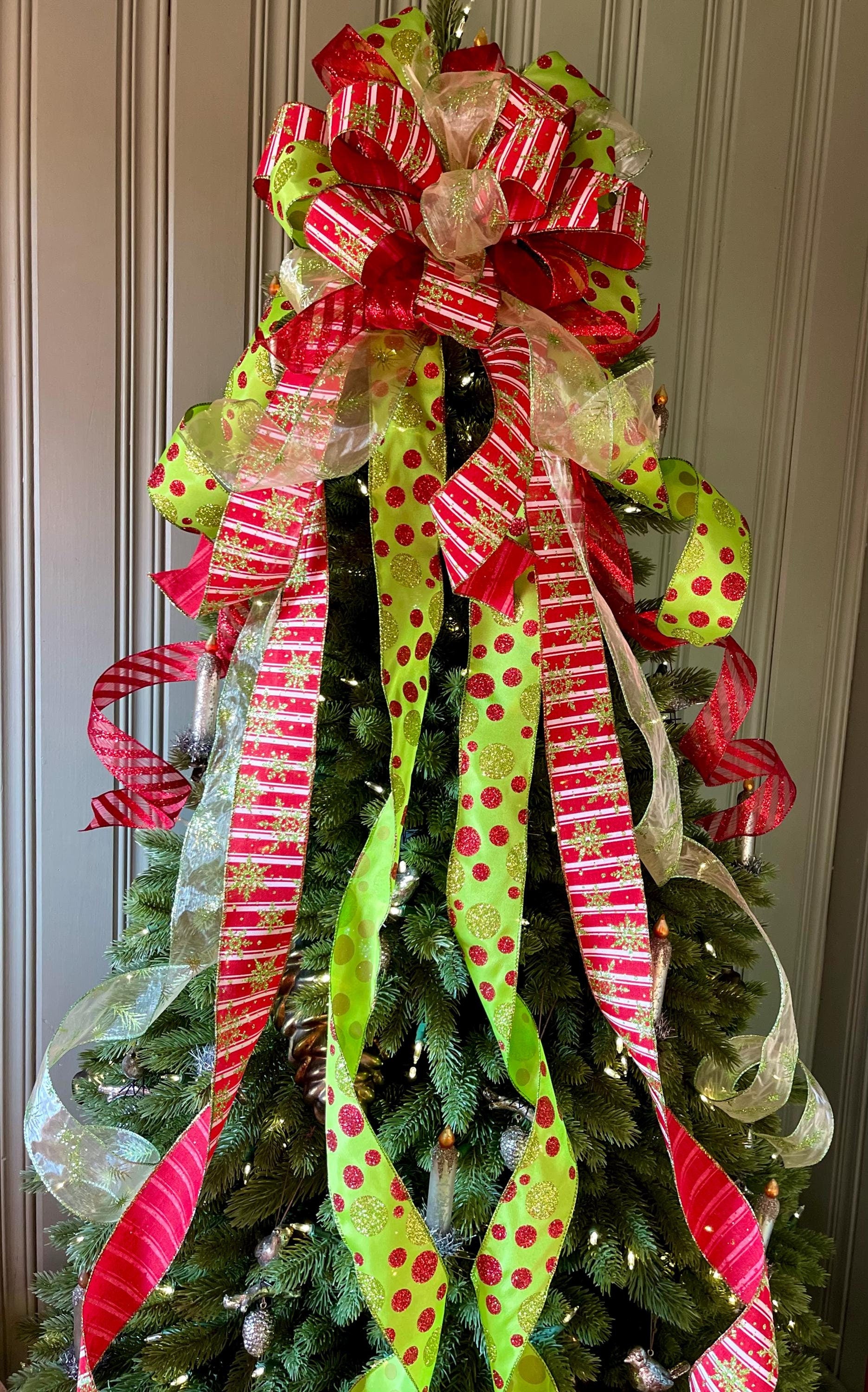 The Aggie Red & Lime Green Whimsical Christmas Tree Topper Bow, bow for wreath, long streamer bow, Grinch bow, tree trimming