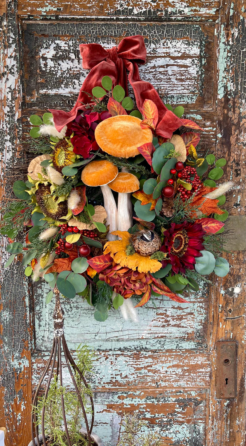 The Octavia Yellow, Orange & Russet Fall Wreath For Front Door, Autumn country cottage wreath, Farmhouse fall mushroom wreath, Sunflower