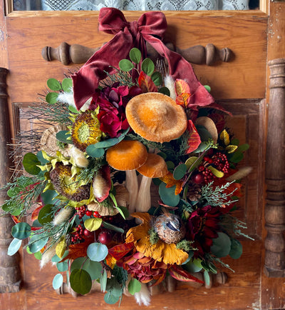 The Octavia Yellow, Orange & Russet Fall Wreath For Front Door, Autumn country cottage wreath, Farmhouse fall mushroom wreath, Sunflower