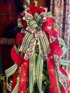 The Kristina Red Green & White Christmas Tree Topper Bow, Red tree bow, bow for wreaths, green long streamer bow, tree trimming bow