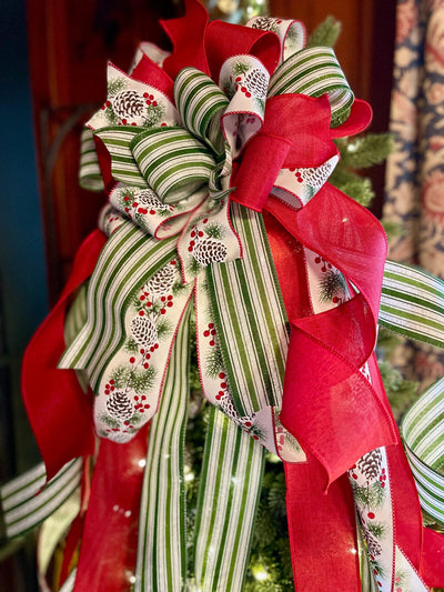 The Kristina Red Green & White Christmas Tree Topper Bow, Red tree bow, bow for wreaths, green long streamer bow, tree trimming bow