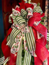 The Kristina Red Green & White Christmas Tree Topper Bow, Red tree bow, bow for wreaths, green long streamer bow, tree trimming bow