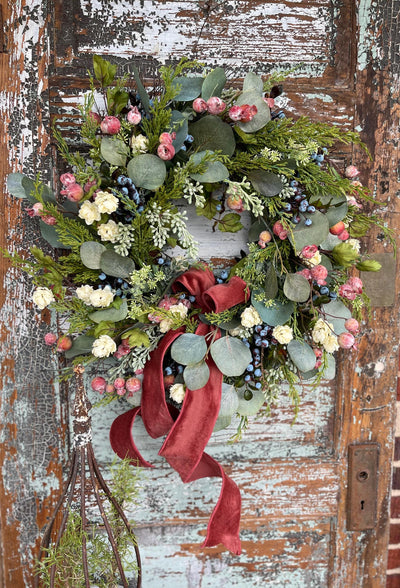 The Stacey Eucalyptus Persimmon & Blueberry Wreath For Front Door, Autumn cottage wreath, All season wreath, summer wreath, French country