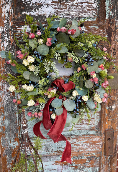 The Stacey Eucalyptus Persimmon & Blueberry Wreath For Front Door, Autumn cottage wreath, All season wreath, summer wreath, French country