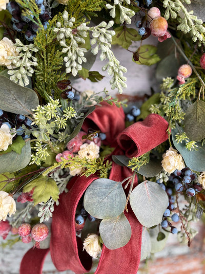 The Stacey Eucalyptus Persimmon & Blueberry Wreath For Front Door, Autumn cottage wreath, All season wreath, summer wreath, French country