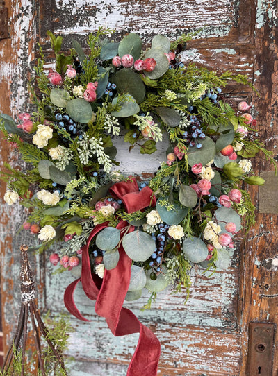 The Stacey Eucalyptus Persimmon & Blueberry Wreath For Front Door, Autumn cottage wreath, All season wreath, summer wreath, French country