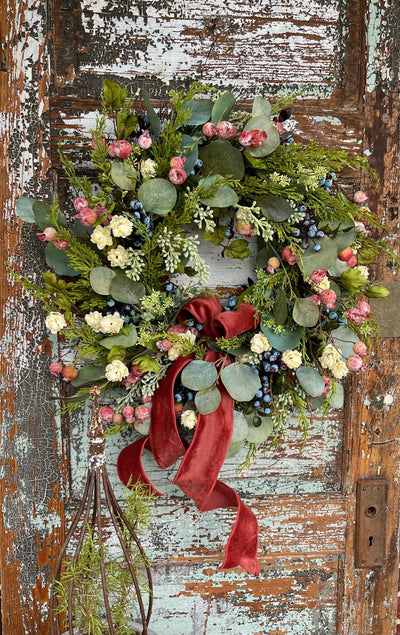 The Stacey Eucalyptus Persimmon & Blueberry Wreath For Front Door, Autumn cottage wreath, All season wreath, summer wreath, French country