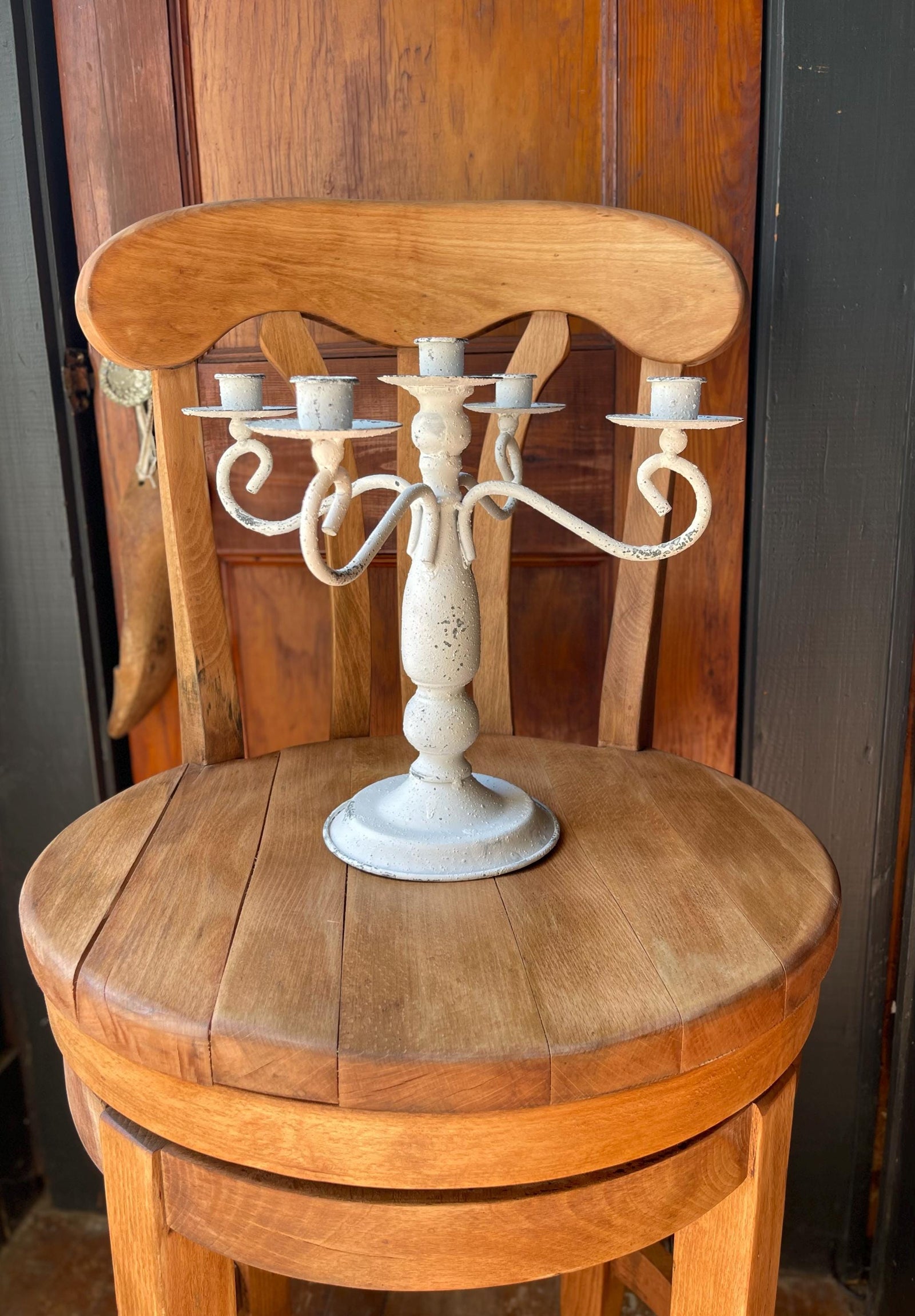 White Distressed five arm Candelabra