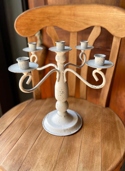 White Distressed five arm Candelabra