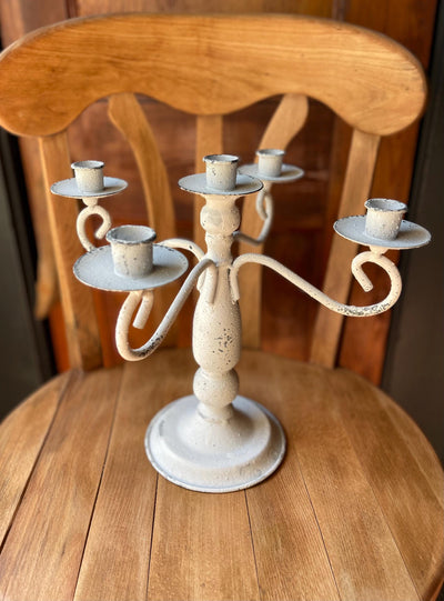 The Alexis White Distressed Candelabra~Farmhouse candle stand for pillar candle