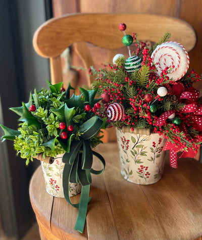 Christmas Boxwood & Holly Centerpiece -The Delores, Christmas Flower arrangement for table, Natural winter greenery arrangement