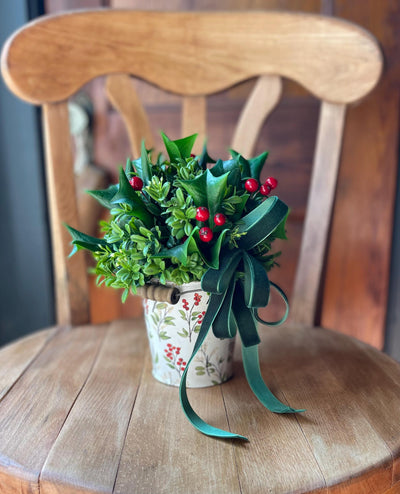 Christmas Boxwood & Holly Centerpiece -The Delores, Christmas Flower arrangement for table, Natural winter greenery arrangement