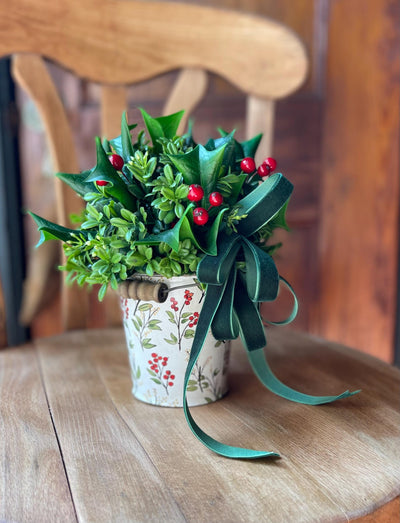 Christmas Boxwood & Holly Centerpiece -The Delores, Christmas Flower arrangement for table, Natural winter greenery arrangement