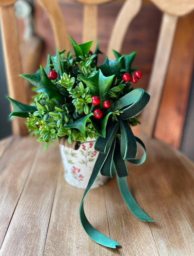 Christmas Boxwood & Holly Centerpiece -The Delores, Christmas Flower arrangement for table, Natural winter greenery arrangement