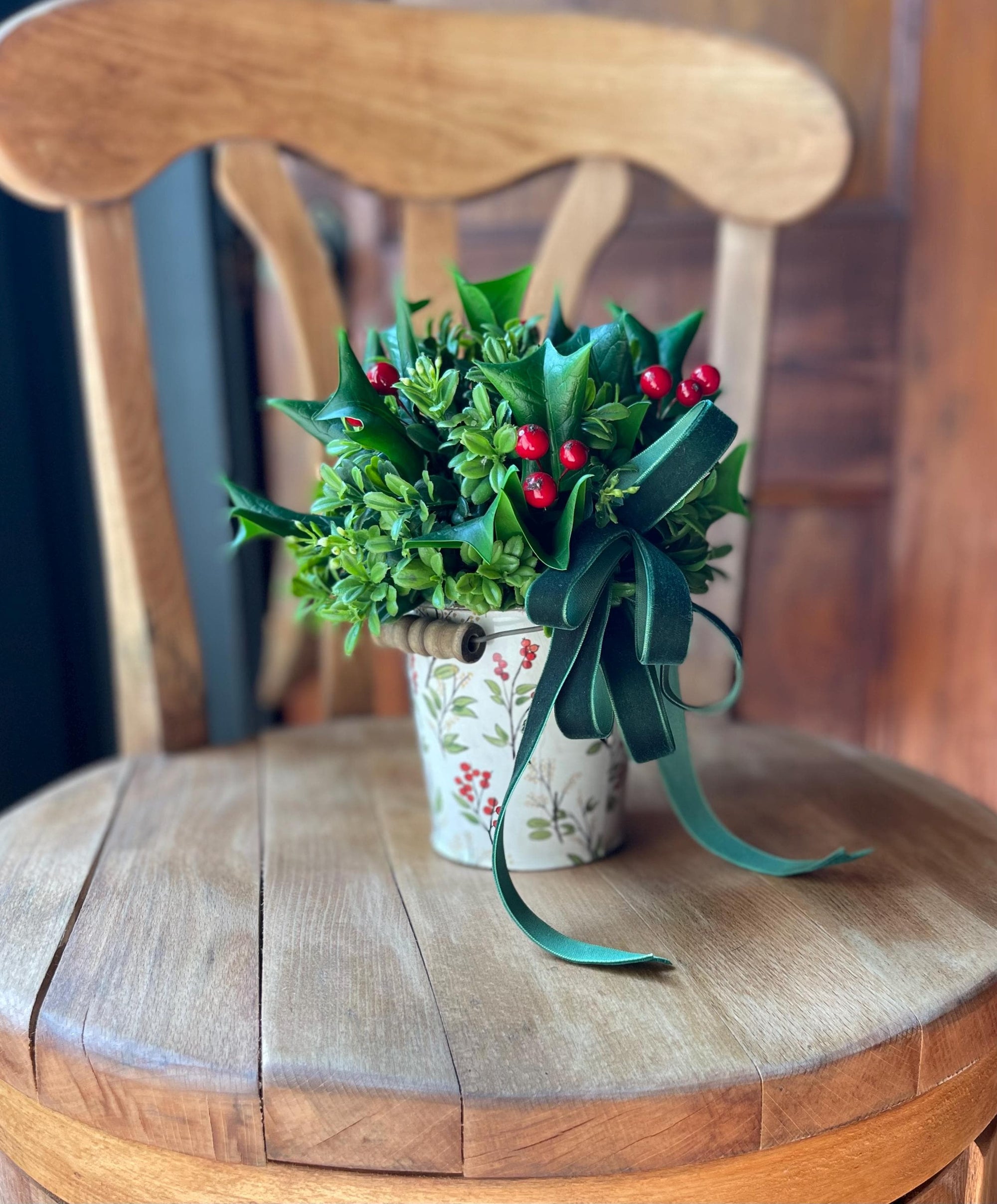 Christmas Boxwood & Holly Centerpiece -The Delores, Christmas Flower arrangement for table, Natural winter greenery arrangement