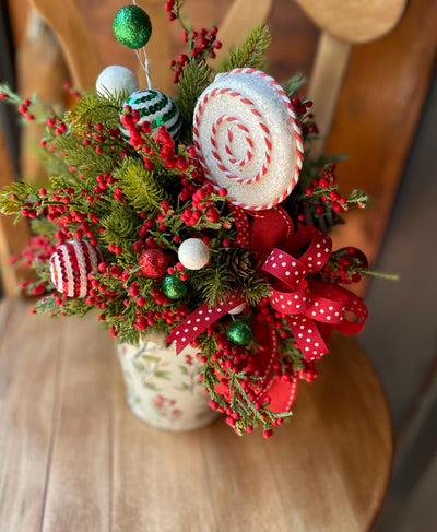 Christmas Centerpiece -The Joy, Winter arrangement, Christmas Flower arrangement for table, red & white christmas arrangement, pine berry