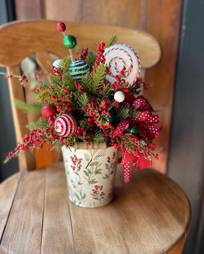 Christmas Centerpiece -The Joy, Winter arrangement, Christmas Flower arrangement for table, red & white christmas arrangement, pine berry