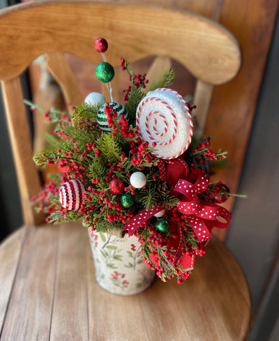 Christmas Centerpiece -The Joy, Winter arrangement, Christmas Flower arrangement for table, red & white christmas arrangement, pine berry