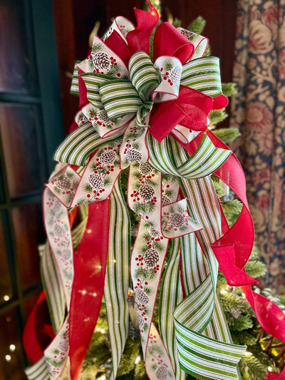 The Kristina Red Green & White Christmas Tree Topper Bow