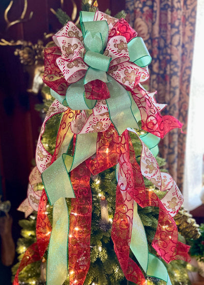 Red Mint & White Gingerbread Christmas Tree Topper Bow -The Ginny, Tree trimming bow, long streamer bow, large Ribbon topper, Whimsical bow