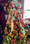 Red Mint & White Gingerbread Christmas Tree Topper Bow -The Ginny, Tree trimming bow, long streamer bow, large Ribbon topper, Whimsical bow