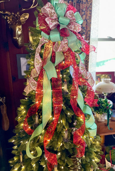 Red Mint & White Gingerbread Christmas Tree Topper Bow -The Ginny, Tree trimming bow, long streamer bow, large Ribbon topper, Whimsical bow