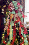 Red Mint & White Gingerbread Christmas Tree Topper Bow -The Ginny, Tree trimming bow, long streamer bow, large Ribbon topper, Whimsical bow