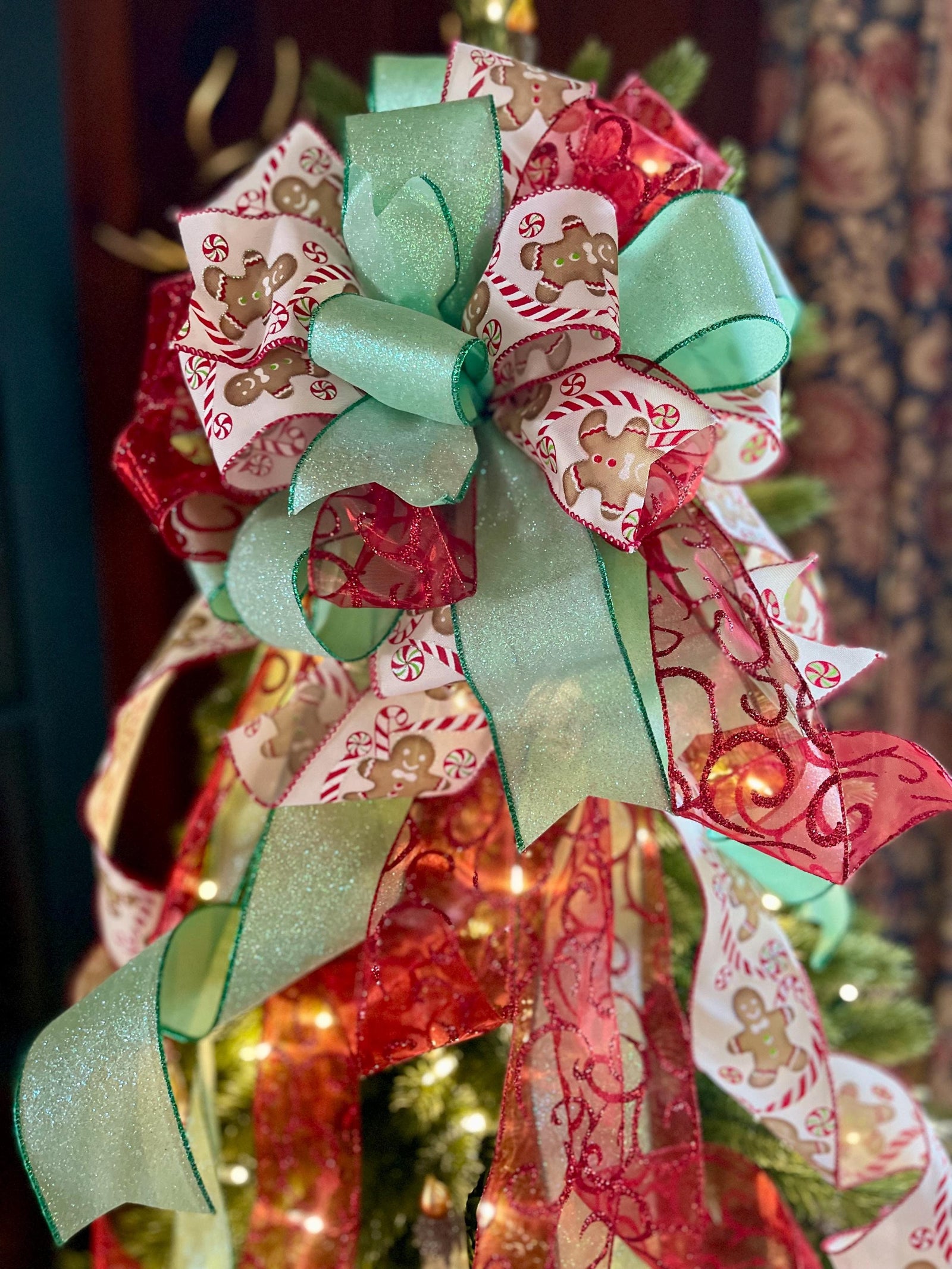 The Ginny Red Mint & White Gingerbread Christmas Tree Topper Bow