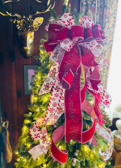 Red & White Gingerbread Christmas Bow - The Ginnifer, Tree Topper Bow, luxury bow, Christmas tree bow, tree trimming, big red ribbon topper