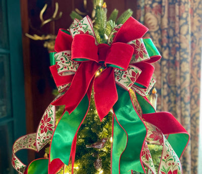 Red & Green Velvet Tree Top Bow - The Lottie, XL Christmas Tree Topper Bow, Luxury Bow, Xmas Tree Bow, Cottage Bow, large red christmas bow