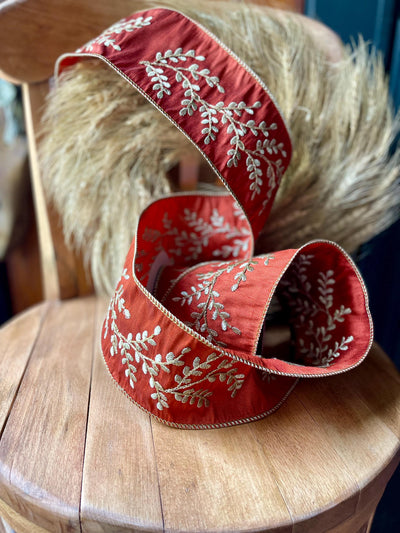 Russet & Gold Fall Wired Ribbon 4" x 5 YARD ROLL, Luxury leaf and vine embroidered ribbon, Christmas ribbon, brick gold wide stitched ribbon